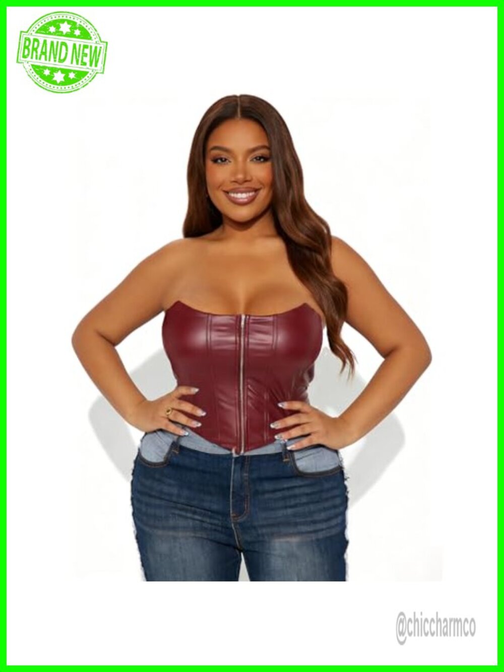Faux Leather Strapless Corset Bustier Crop Top Zip Front Clubwear